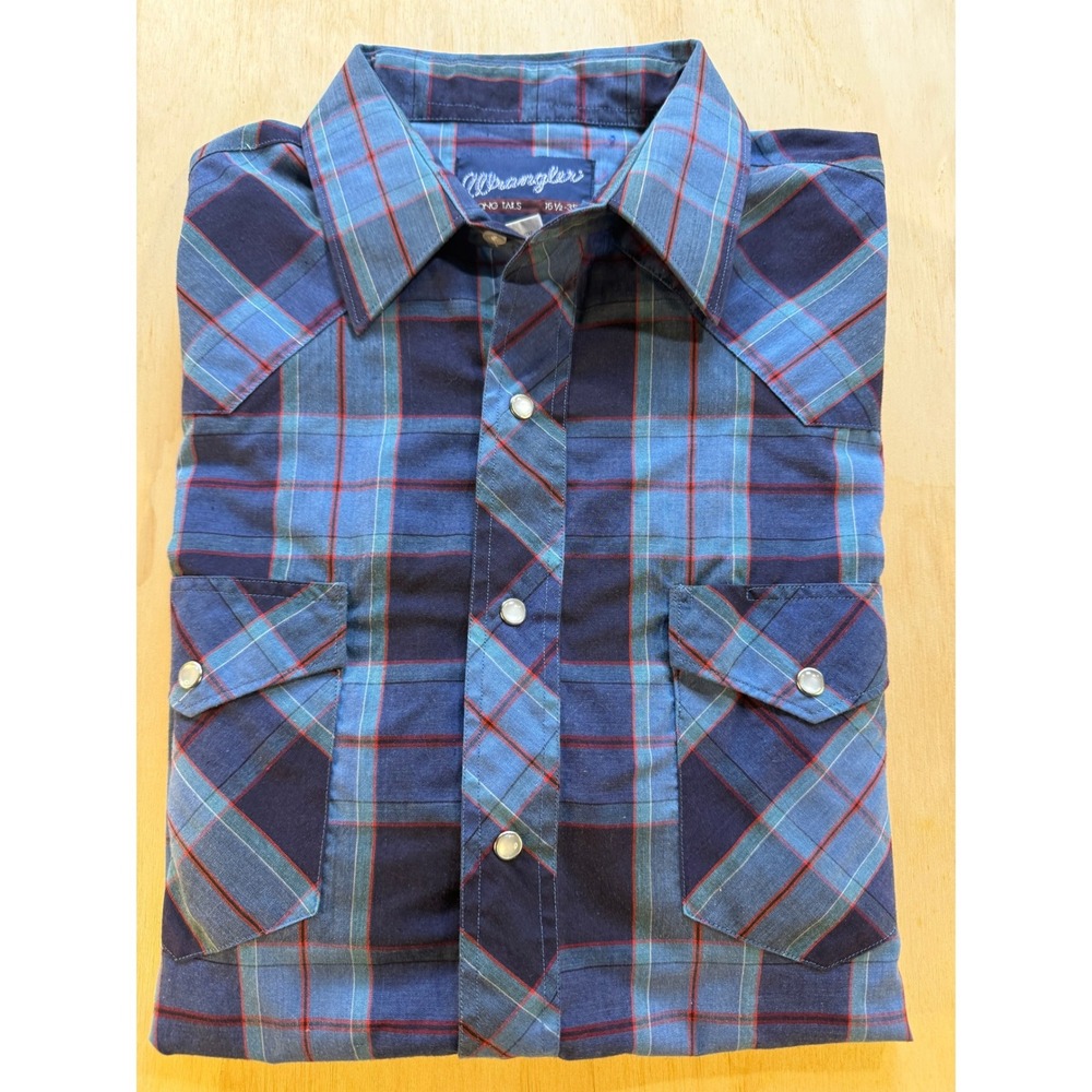 Wrangler Western Pearl Snap Shirt Mens 16.5-35 Blue Red Plaid X-Long Tails